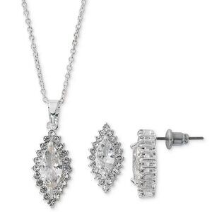 Cubic Zirconia Navette Pendant Necklace & Drop Earrings Set in Fine Silver Plate
